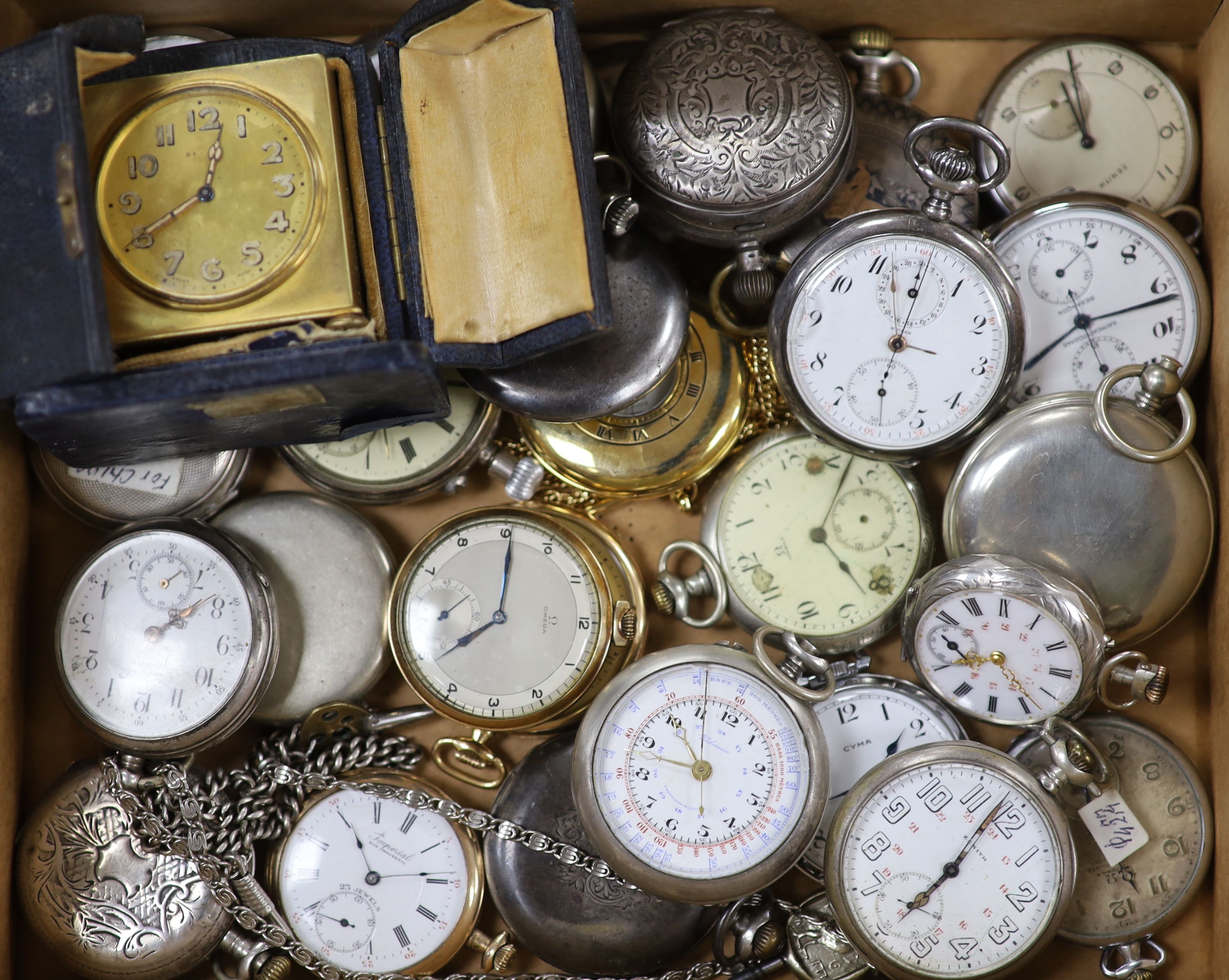 A small collection of assorted mainly based metal pocket watches including Cyma, Zenith and choreograph